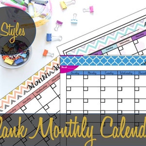May include: Seven different styles of blank monthly calendars with various patterns and designs. The calendars are printed on white paper and have a black grid for writing in dates and events. The text "Month At" and "At a Glance" are visible on the calendars.
