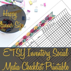 Peut inclure: Une liste de contr&ocirc;le imprimable pour l'inventaire Etsy et les m&eacute;dias sociaux au format Happy Planner. La liste de contr&ocirc;le pr&eacute;sente un motif de pois color&eacute;s sur fond blanc et des lignes de quadrillage noires.