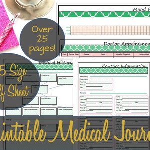 May include: Printable medical journal with over 25 pages. The journal includes sections for medical history, doctor appointments, contact information, and a mood plotter. The journal is A5 size and half sheet.