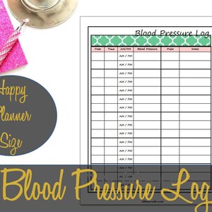 May include: A printable blood pressure log with a green and pink patterned header. The log includes columns for date, time, AM/PM, blood pressure, pulse, and notes.