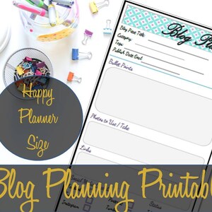 May include: A printable blog planner with a turquoise and white geometric pattern. The planner includes sections for blog post title, category, tags, publish date goal, bullet points, photos to use, links, and social media planning.