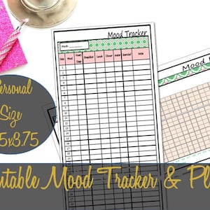 Könnte beinhalten: Druckbarer Stimmungs-Tracker und -Plotter in Schwarzweiß mit einem grün-rosa gemusterten Header. Der Tracker hat Spalten für Datum, Stimmung, Schlaf, Stunden, Frühstück, Mittagessen, Abendessen, Wasser, Bewegung und Notizen. Der Plotter ist ein Raster mit Zahlen am unteren und seitlichen Rand.