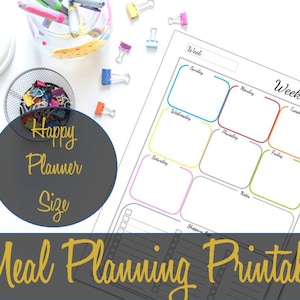 May include: A printable weekly meal planner with colorful borders around each day of the week. The planner includes a section for notes and a shopping list.