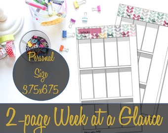 Week at a Glance Personal Size Printable Insert 6.75x3.75, Week on 2 Pages, Vertical, Floral, Undated Calendar, Filofax - INSTANT DOWNLOAD