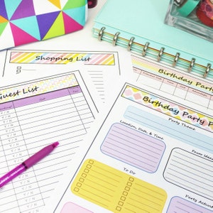 May include: A printable checklist for planning a birthday party. The checklist includes sections for guest list, shopping list, party theme, location, date, time, to-do list, favor ideas, and party activities.