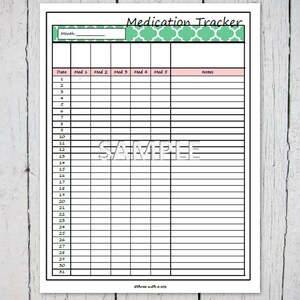 May include: A printable medication tracker with a green and white patterned header. The tracker has columns for the date, five medications, and notes. The tracker is designed to help people keep track of their medications.