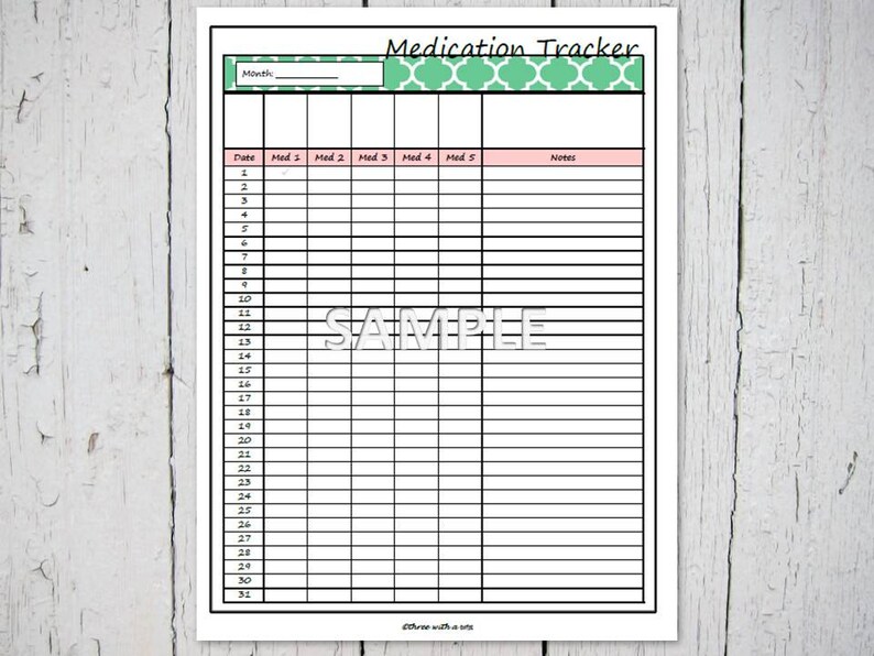 May include: A printable medication tracker with a green and white patterned header. The tracker has columns for the date, five medications, and notes. The tracker is designed to help people keep track of their medications.