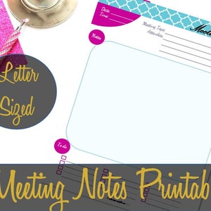 May include: Printable meeting notes template in letter size. The template has a light blue background with a teal and white geometric pattern at the top. The template includes sections for date, time, meeting topic, attendees, notes, and to-do list.