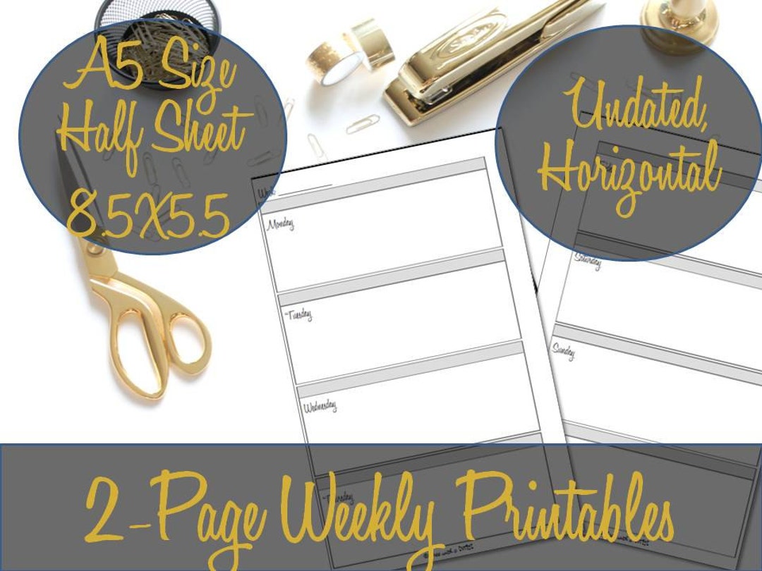 Undated Horizontal Calendar Planner Pages Inserts Half Sheet A5 Size ...