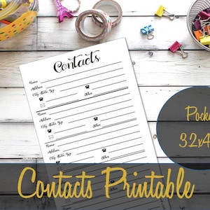 Pocket Insert, Contacts Insert, Address Book, Pocket Filofax Pages, Pocket Refills, Address Pages, Printable Pocket Inserts,Mini Inserts