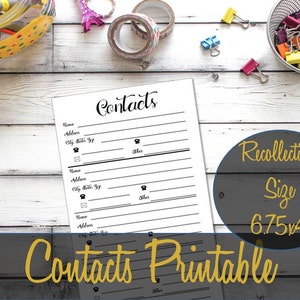Puede incluir: Plantilla de lista de contactos imprimible con el texto "Contacts Printable" y "Recollections Size 6.75x4" sobre un fondo de madera blanca.