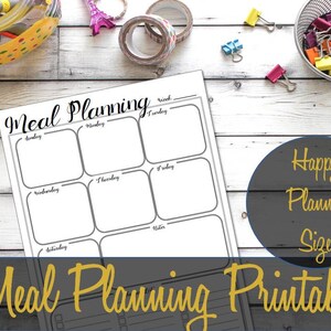 May include: A printable meal planning sheet with a black and white design. The sheet is divided into seven sections, one for each day of the week. The text "Meal Planning" is written at the top of the sheet.