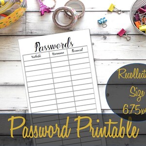 Puede incluir: Hoja de registro de contraseñas imprimible con columnas para sitio web, nombre de usuario y contraseña. La hoja está sobre un fondo de madera blanco con útiles de oficina coloridos.