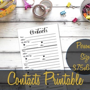 Contacts Personal Size Printable Insert 6.75x3.75 Black and White, Address Book Refill, Filofax, Recollections, Webster&#39;s - INSTANT DOWNLOAD