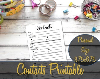 Contacts Personal Size Printable Insert 6.75x3.75 Black and White, Address Book Refill, Filofax, Recollections, Webster's - INSTANT DOWNLOAD