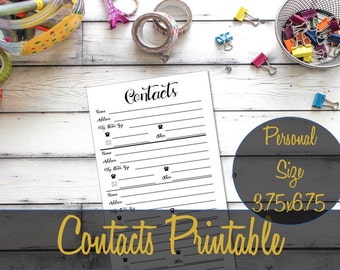 Contacts Personal Size Printable Insert 6.75x3.75 Black and White, Address Book Refill, Filofax, Recollections, Webster's - INSTANT DOWNLOAD