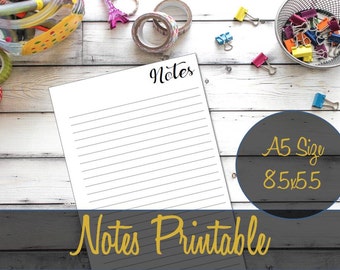 Notes A5 Size Printable Insert Half Sheet 8.5x5.5 Black and White, Webster's Pages, Kikki K, Filofax, Franklin Covey - INSTANT Download
