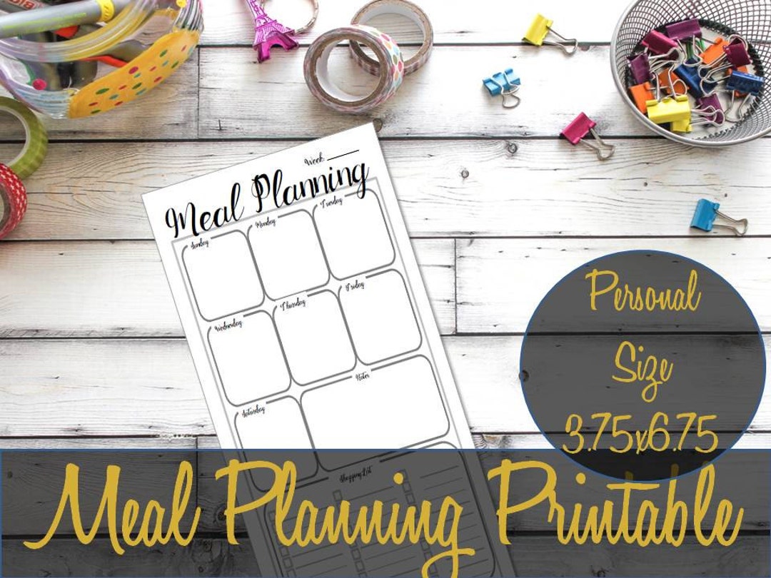 Meal Planning Personal Size Printable Insert 6.75x3.75 Black and White ...
