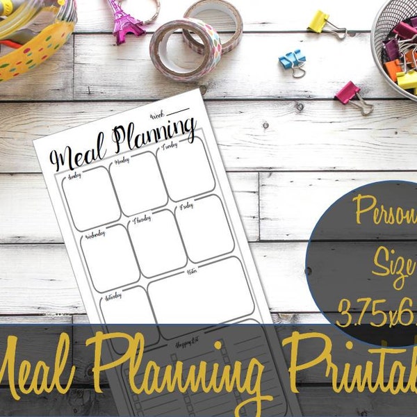 Meal Planning Personal Size Printable Insert 6.75x3.75 Black and White, Grocery, Shopping List, Webster's Refill, Kikki K - INSTANT DOWNLOAD