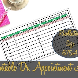 Puede incluir: Registro de citas médicas imprimible con borde verde y rosa. El registro tiene columnas para la fecha, el médico que atendió, la razón, las pruebas, los resultados/diagnóstico, las notas adicionales y la medicación. El texto "Recollections Size 6.75x4" está en un círculo en el lado derecho de la página.