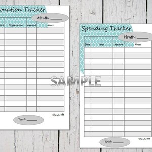 May include: Printable donation and spending tracker sheets. The sheets are white with a light blue and gray pattern at the top. The sheets have columns for date, organization, amount, and notes for the donation tracker and date, item, amount, and notes for the spending tracker.