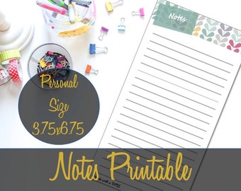 Notes Personal Size Printable Insert 6.75x3.75, Journal, Journaling Insert, Webster's Color Crush, Kikki K, Filofax - INSTANT DOWNLOAD