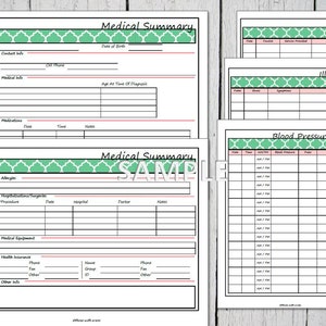May include: Printable medical log forms with a green and pink patterned design. The forms include sections for medical summary, dental log, illness log, and blood pressure log.