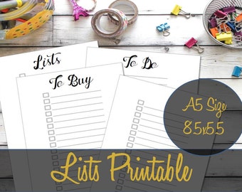 List A5 Inserts, A5 Printable Inserts, Half Sheet Inserts, A5 Planner Refills, Webster's Inserts, Kikki K Refills, Carpe Diem Inserts, To Do