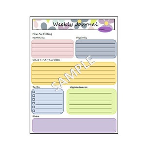Puede incluir: Una p&aacute;gina de diario semanal imprimible con secciones para c&oacute;mo te sientes emocional y f&iacute;sicamente, qu&eacute; hiciste esta semana, una lista de tareas, citas y notas. La p&aacute;gina tiene un dise&ntilde;o floral con colores morado, rosa, azul y verde.
