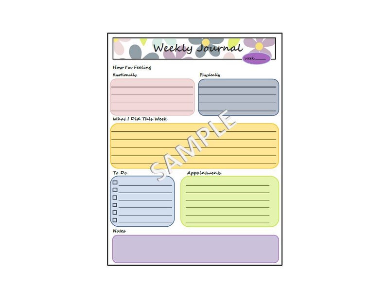 Puede incluir: Una p&aacute;gina de diario semanal imprimible con secciones para c&oacute;mo te sientes emocional y f&iacute;sicamente, qu&eacute; hiciste esta semana, una lista de tareas, citas y notas. La p&aacute;gina tiene un dise&ntilde;o floral con colores morado, rosa, azul y verde.
