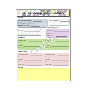 Puede incluir: Un rastreador de informaci&oacute;n de embarazo imprimible con secciones para fechas, antojos, m&eacute;dicos, especialistas, plan de parto y notas. El rastreador tiene un dise&ntilde;o floral con flores rosas, verdes y moradas.