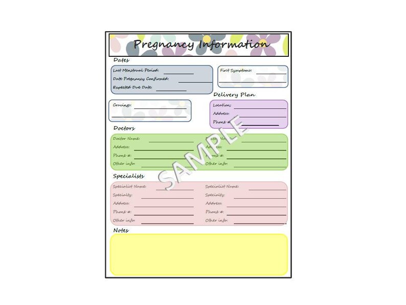 Puede incluir: Un rastreador de informaci&oacute;n de embarazo imprimible con secciones para fechas, antojos, m&eacute;dicos, especialistas, plan de parto y notas. El rastreador tiene un dise&ntilde;o floral con flores rosas, verdes y moradas.