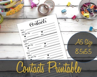 Contacts A5 Printable Insert Half Sheet 8.5x5.5 Recollections Inserts, Address Book, Webster's Pages, Kikki K, Filofax - INSTANT Download