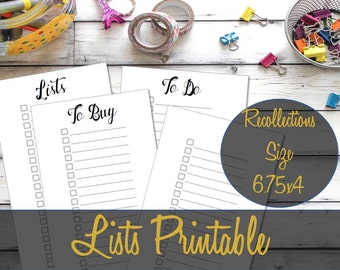 Lists Recollections Planner Insert, Shopping List, To Do List, Recollections Inserts, Creative Year Inserts, To Read List - INSTANT Download