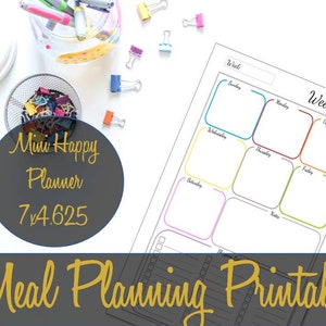 May include: A printable weekly meal planner with colorful boxes for each day of the week. The planner includes a section for notes and a list for grocery shopping. The text "Weekly Menu" is at the top of the planner.