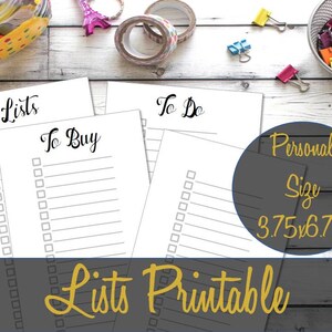 Lists Personal Size Printable Inserts 6.75x3.75 Black and White, To Do, Shopping List, Filofax, Webster&#39;s, Recollections - INSTANT DOWNLOAD