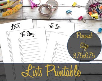 Lists Personal Size Printable Inserts 6.75x3.75 Black and White, To Do, Shopping List, Filofax, Webster's, Recollections - INSTANT DOWNLOAD