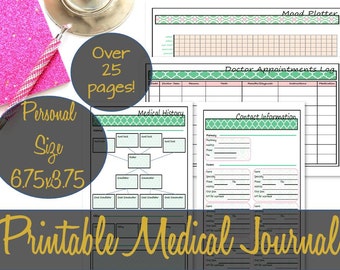 May include: Printable medical journal with over 25 pages. The journal includes sections for mood tracking, doctor appointments, contact information, and medical history. The pages are decorated with a green and pink pattern.