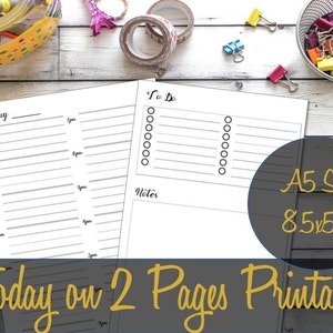 Op de afbeelding: Printbare A5-planner met twee pagina's. De eerste pagina heeft bovenaan het woord "Vandaag" en is verdeeld in tijdsloten. De tweede pagina heeft bovenaan het woord "Te doen" en een lijst met cirkels om taken af te vinken. Onderaan de tweede pagina staat het woord "Notities".