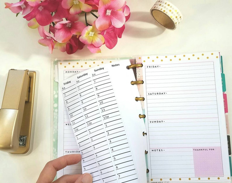 May include: A close-up of a weekly planner with a clear plastic sheet overlay. The planner has a gold and white polka dot design and includes sections for Monday, Tuesday, Wednesday, Thursday, Friday, Saturday, and Sunday. The sheet overlay has a grid of hourly time slots from 6 a.m. to 7 p.m.