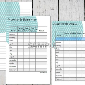 May include: A printable budget planner with sections for income and expenses, account balances, and notes. The planner has a light blue and white geometric pattern.