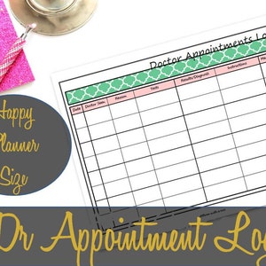 May include: Printable doctor appointment log with a green and white patterned header. The log includes columns for date, doctor seen, reason, tests, results/diagnosis, instructions, and medication.
