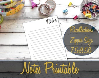 Notes Recollections Zippered Planner Inserts, Notes Inserts, Notes Pages, Notes Refills, Recollections Zip Planner Refills- INSTANT DOWNLOAD