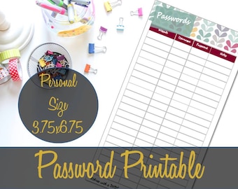 Passwords Personal Size Printable Insert 6.75x3.75, Planner Insert, Kikki K, Filofax, Webster's Insert Refill - INSTANT DOWNLOAD