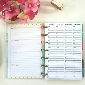 May include: A close-up of a weekly planner with a teal and white polka dot cover. The planner has a gold coil binding and is open to a page with the days of the week: Monday, Tuesday, Wednesday, and Thursday. Each day has a column with time slots from 6 am to 8 pm.