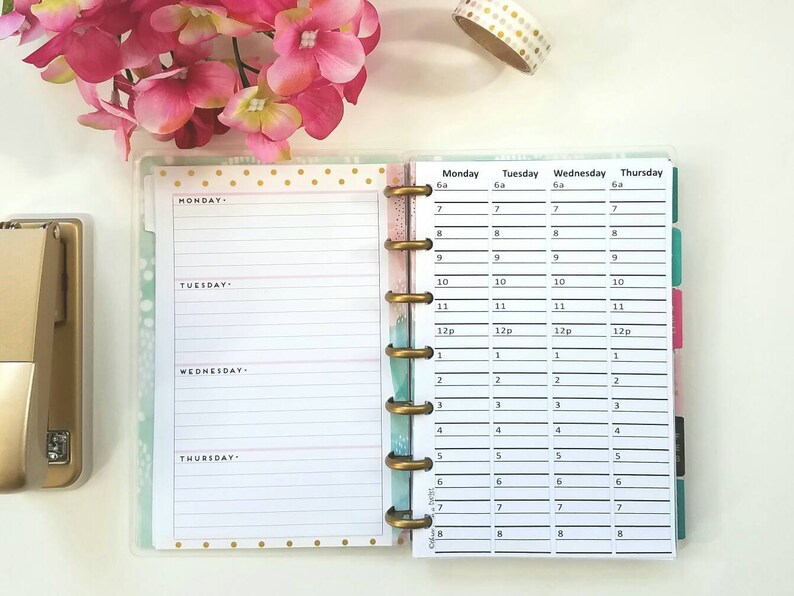 May include: A close-up of a weekly planner with a teal and white polka dot cover. The planner has a gold coil binding and is open to a page with the days of the week: Monday, Tuesday, Wednesday, and Thursday. Each day has a column with time slots from 6 am to 8 pm.