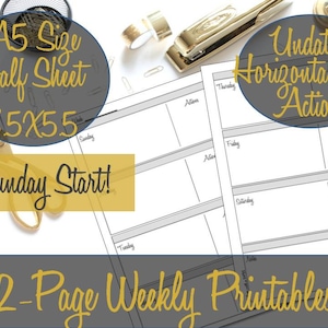 Undated Horizontal Calendar Planner Printable Inserts Sunday Start with Actions To Do Half Sheet A5, Webster&#39;s Pages, ARC - INSTANT Download