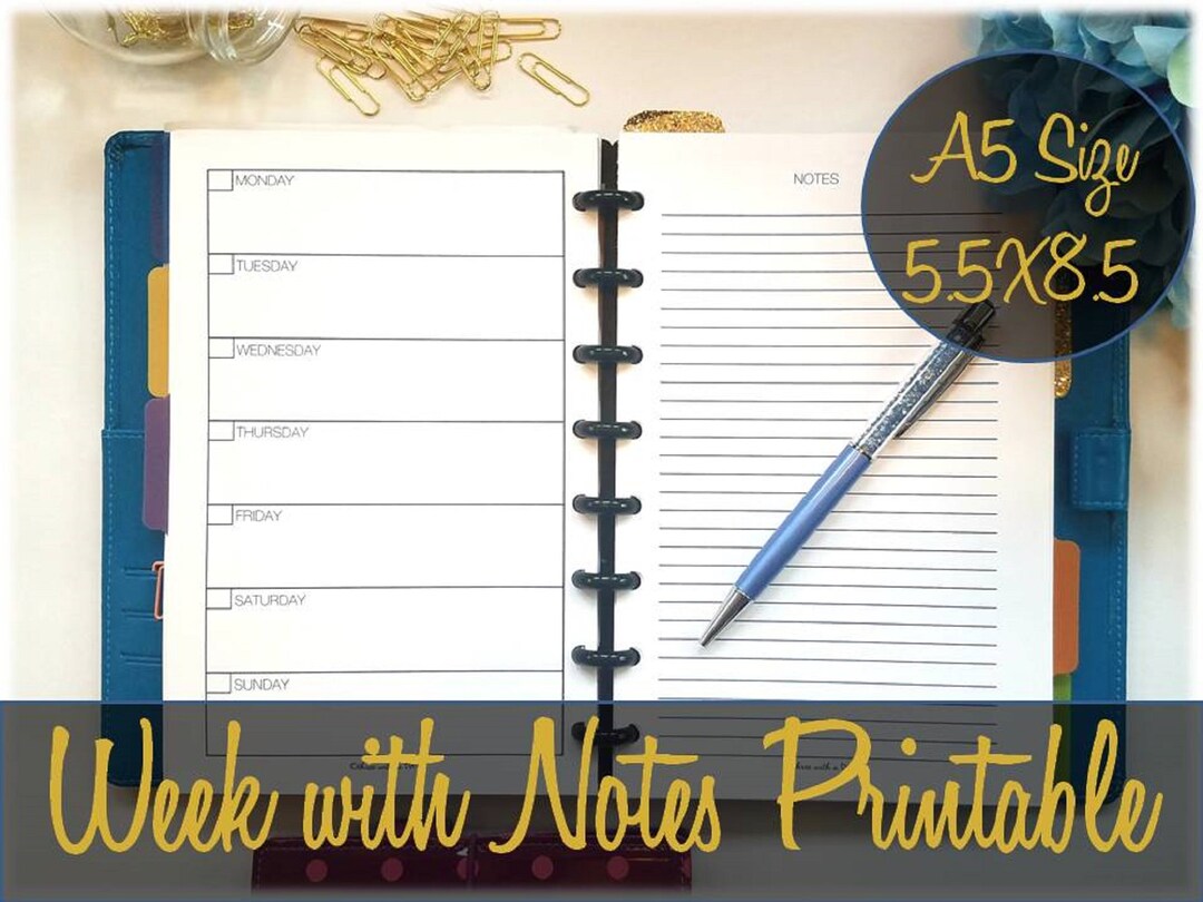 Week With Notes on 2 Pages A5 Printable Inserts Undated Horizontal ...