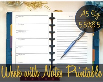 Week with Notes on 2 Pages A5 Printable Inserts Undated Horizontal, Webster's Pages, Kikki K, Filofax, Franklin, dot grid - INSTANT Download