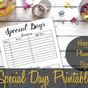 May include: A white printable planner page with the words "Special Days" at the top. The page is divided into sections for January and February, with spaces for dates, names, and gift ideas. The words "Happy Planner Size" and "Special Days Printable" are also visible.